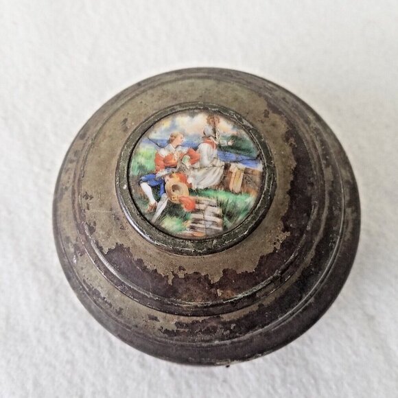 Antique Pre Reuge Music Box Musical‎ Powder Puff Metal Case with Porcelain Inlay - Picture 3 of 16